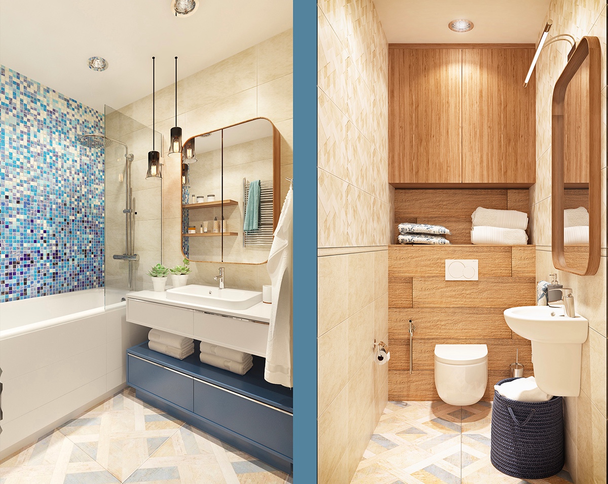 bathroom-blue-tile-mural-wood-shelving