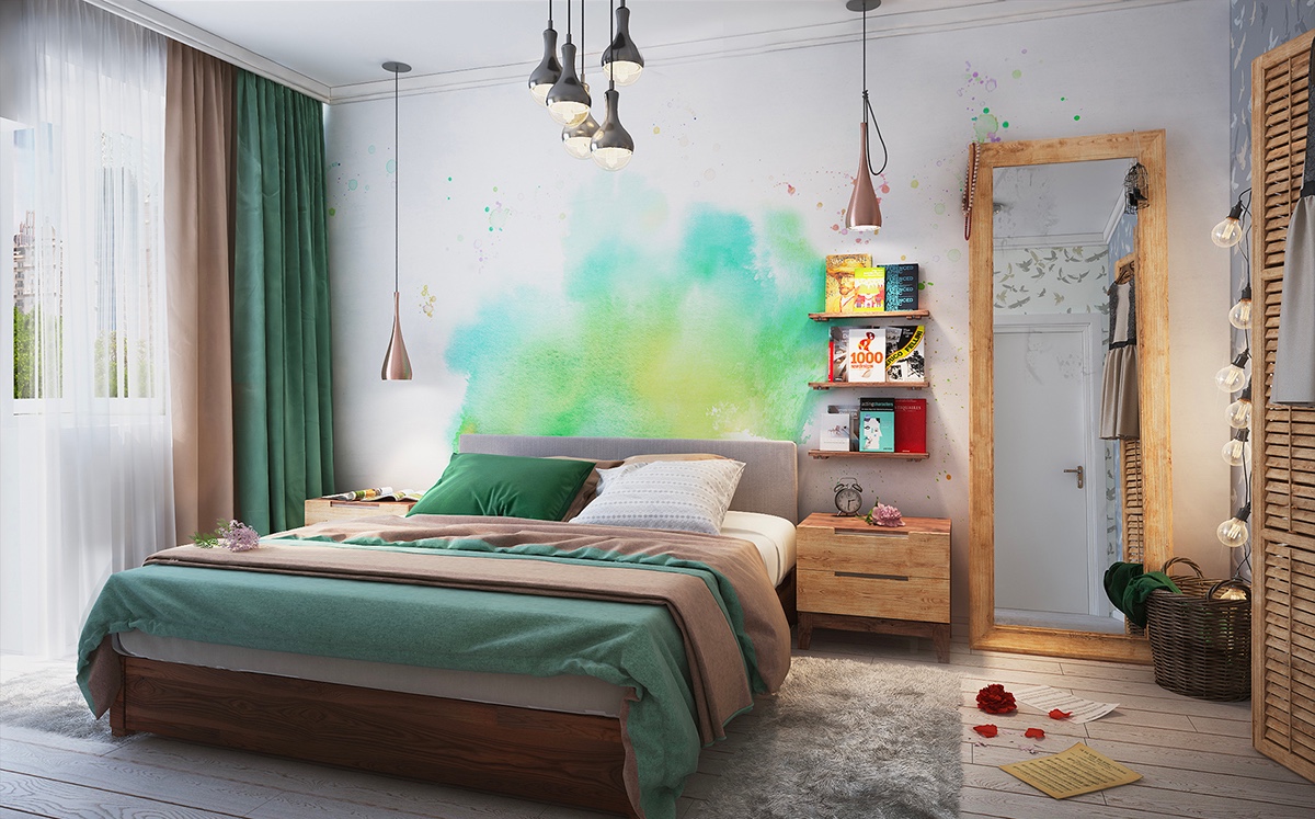 bedroom-green-watercolor-wall-art-bookshelves-large-mirror