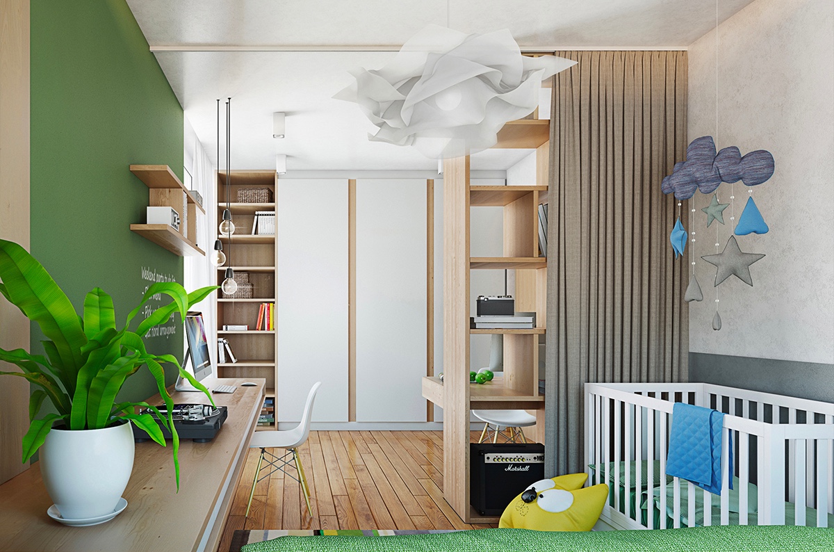 office-nursery-mobile-green-plants-wooden-shelves