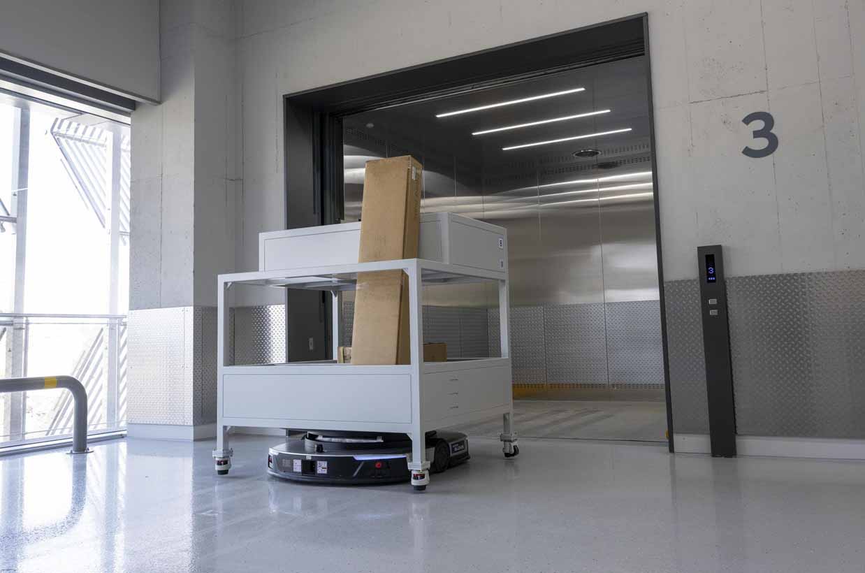 Suwon High-Tech Center AMR robot at freight elevator