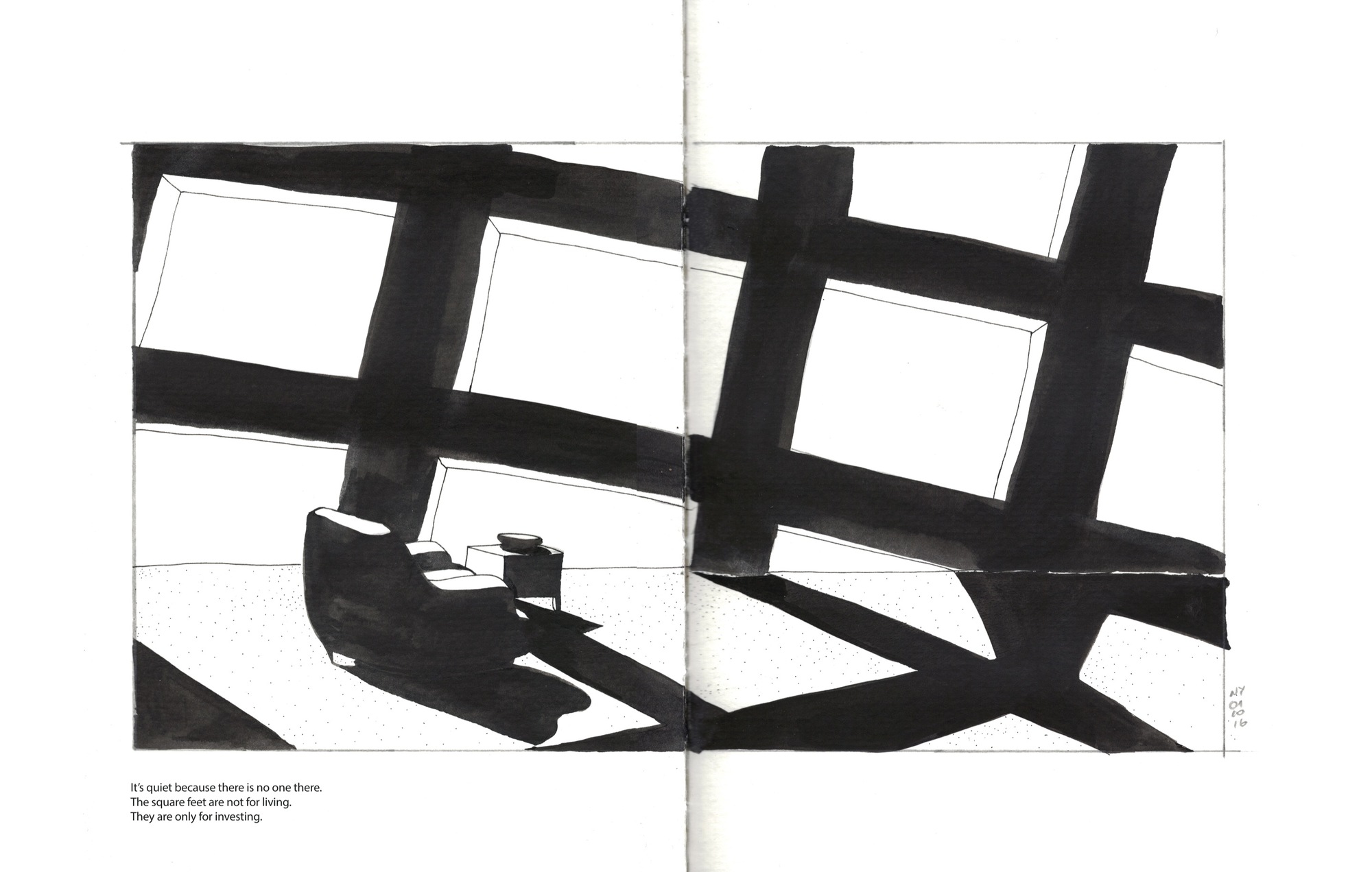 Drawing of an empty apartment interior in The Big Bend