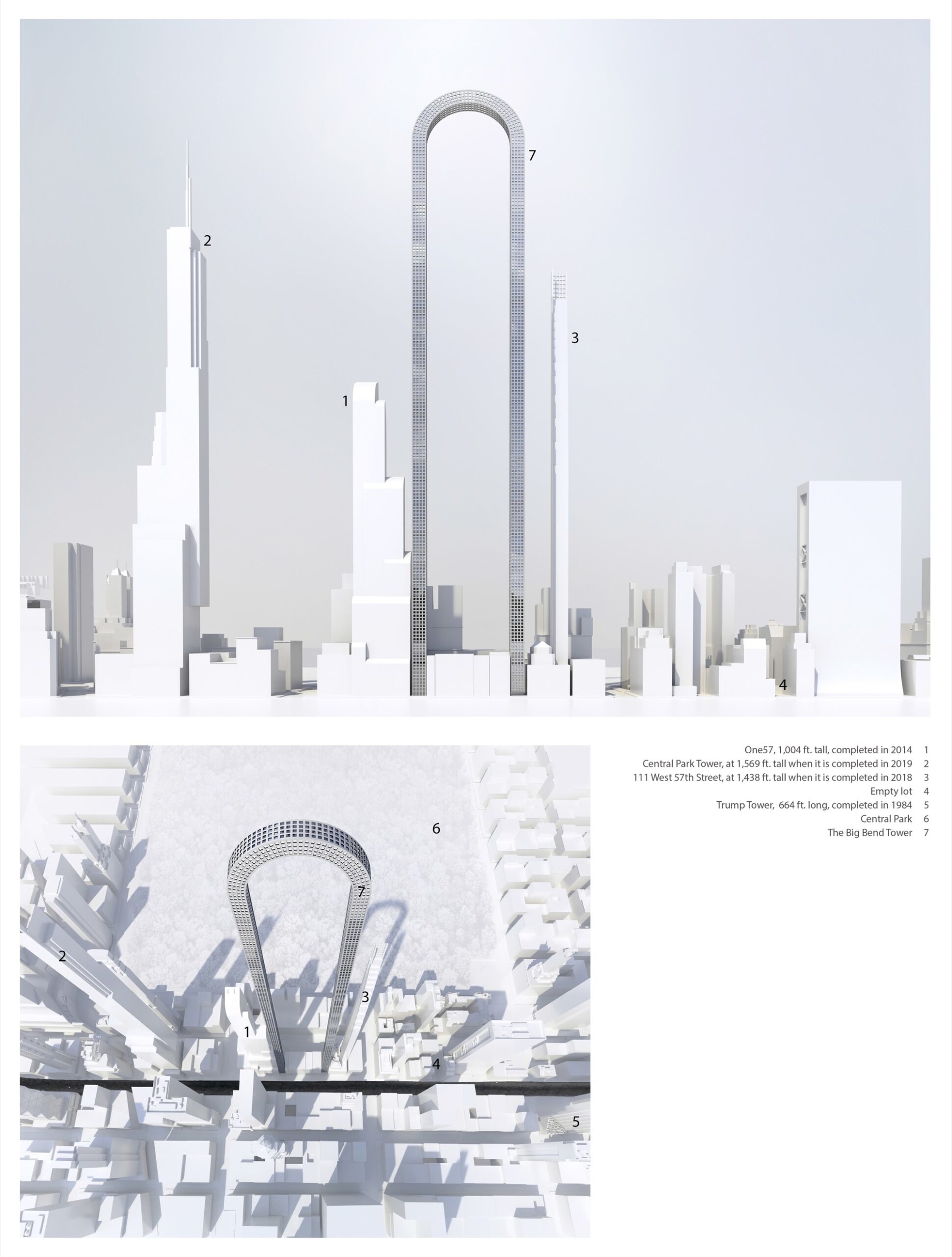 The Big Bend massing model with 57th Street context