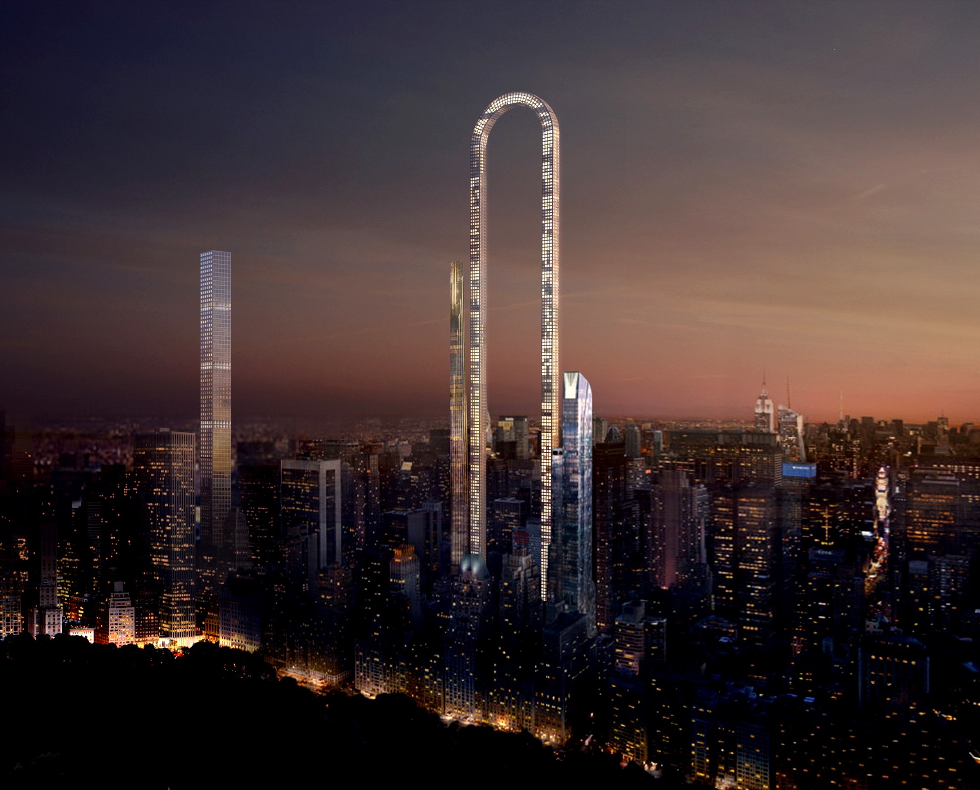 The Big Bend at night over Manhattan skyline