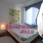 네이비 커튼이 있는 침실 전경