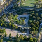 정원과 산책로가 보이는 Lucas Museum of Narrative Art 캠퍼스 항공뷰