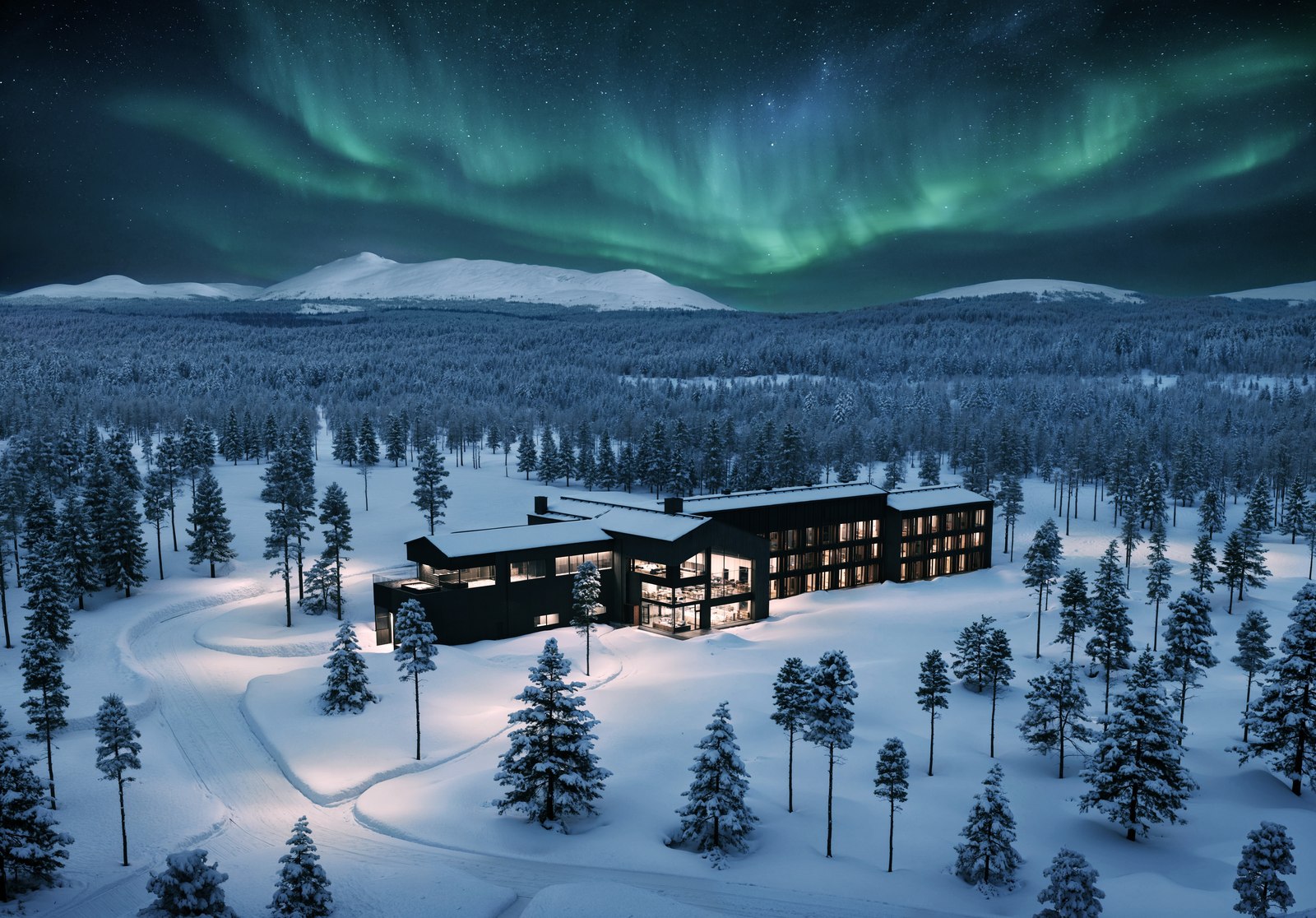 오로라 아래 핀란드 Arcora Boutique Hotel & Villas 전경