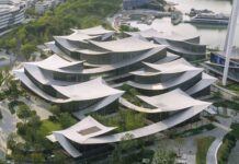 처마 곡선을 겹겹이 엮은 쑤저우 미술관, Suzhou MoCA 들린 처마 모양 지붕 여러 장이 어긋나게 겹친 Suzhou MoCA 파빌리온 군집 항공 사진