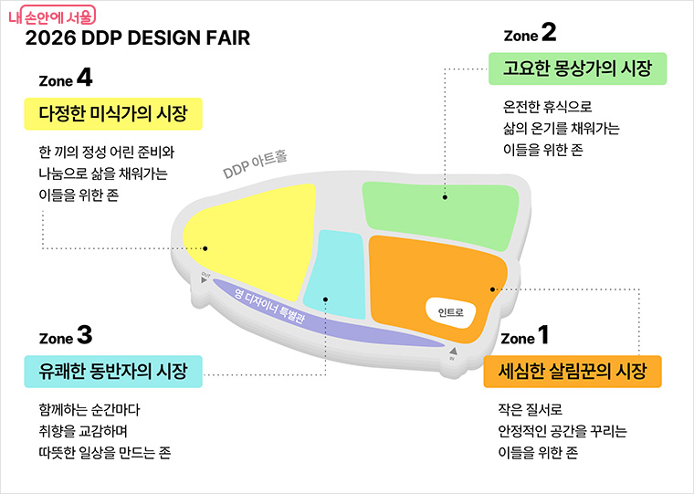 취향별 네 구역으로 나눈 2026 DDP디자인페어 아트홀 배치도