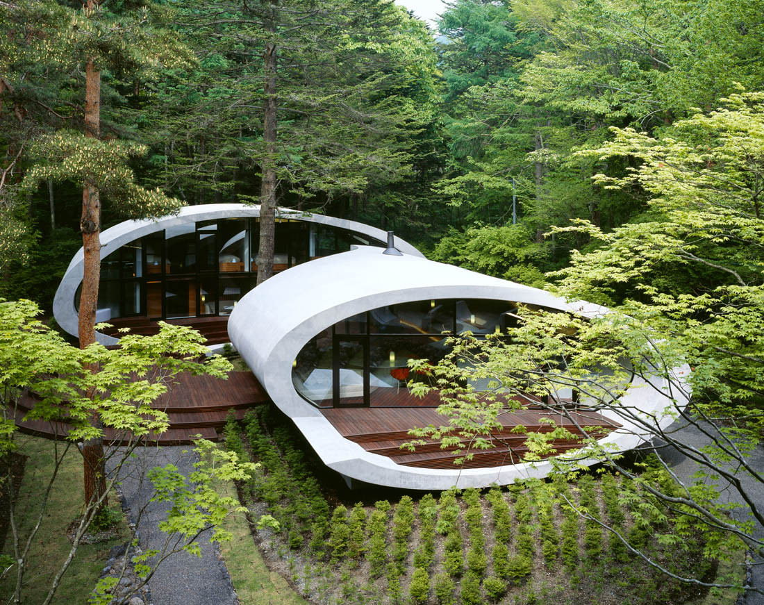 나무 사이로 내려다본 Shell 별장의 타원형 노출콘크리트 셸 외관